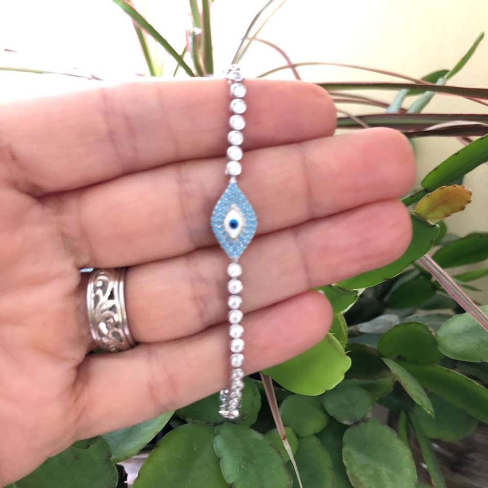 EVIL EYE Dainty 925 Sterling Silver Cz Rhinestone w Enamel Adjustable Bracelet - Picture 6 of 12